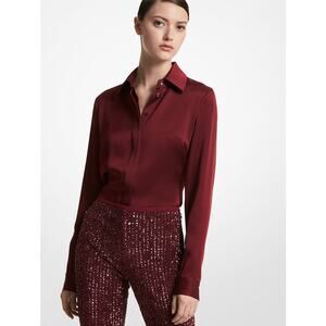 Michael Kors Collection Hansen Satin Charmeuse Shirt Burgundy Womens Size 12